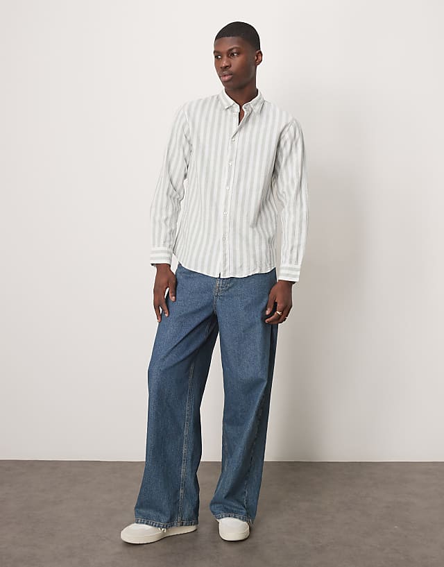 Asos Selected Homme Linen Blend Slim Shirt In Green Stripe