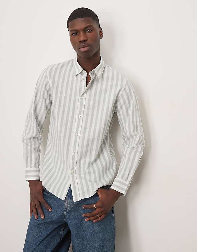 asos Selected Homme linen blend slim shirt in green stripe