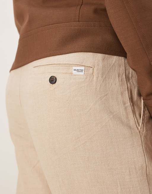 Asos Selected Homme Linen Blend Slim Tapered Trouser In Cream