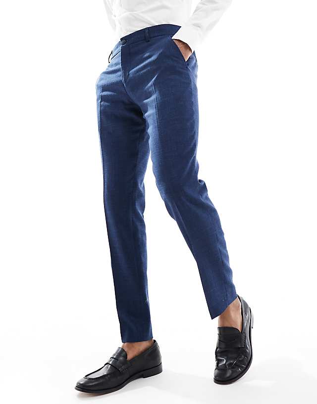 Asos Selected Homme Linen Mix Slim Fit Suit Trousers In Dark Navy
