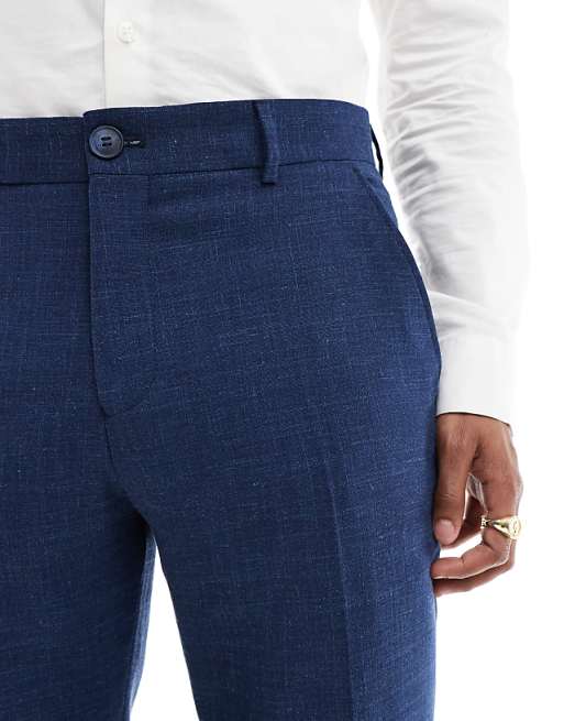 Asos Selected Homme Linen Mix Slim Fit Suit Trousers In Dark Navy