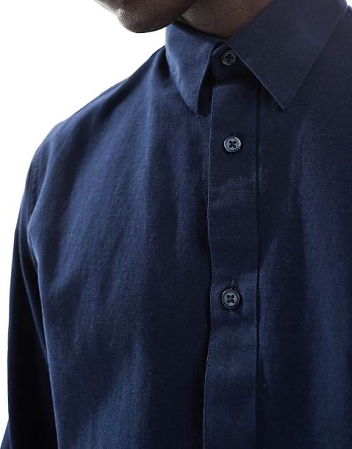 Asos Selected Homme Long Sleeve Linen Shirt In Navy