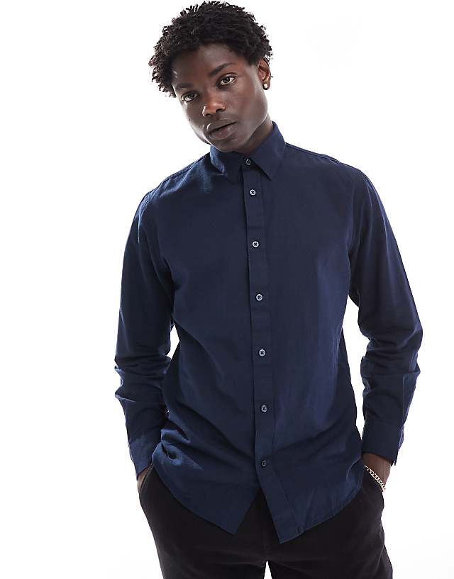 asos Selected Homme long sleeve linen shirt in navy