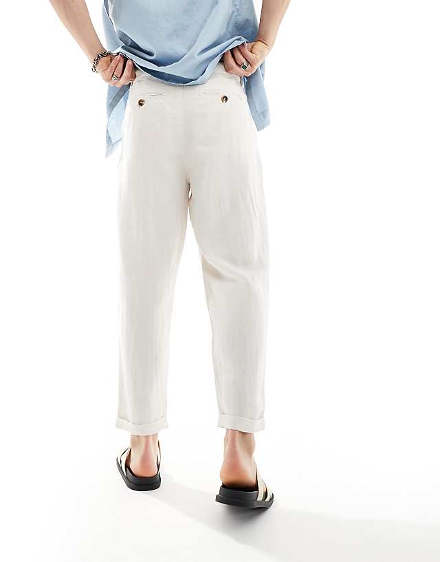 Asos Selected Homme Loose Fit Cropped Linen Mix Trouser In Beige