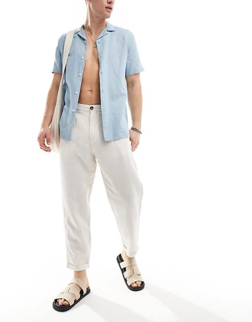 asos Selected Homme loose fit cropped linen mix trouser in beige