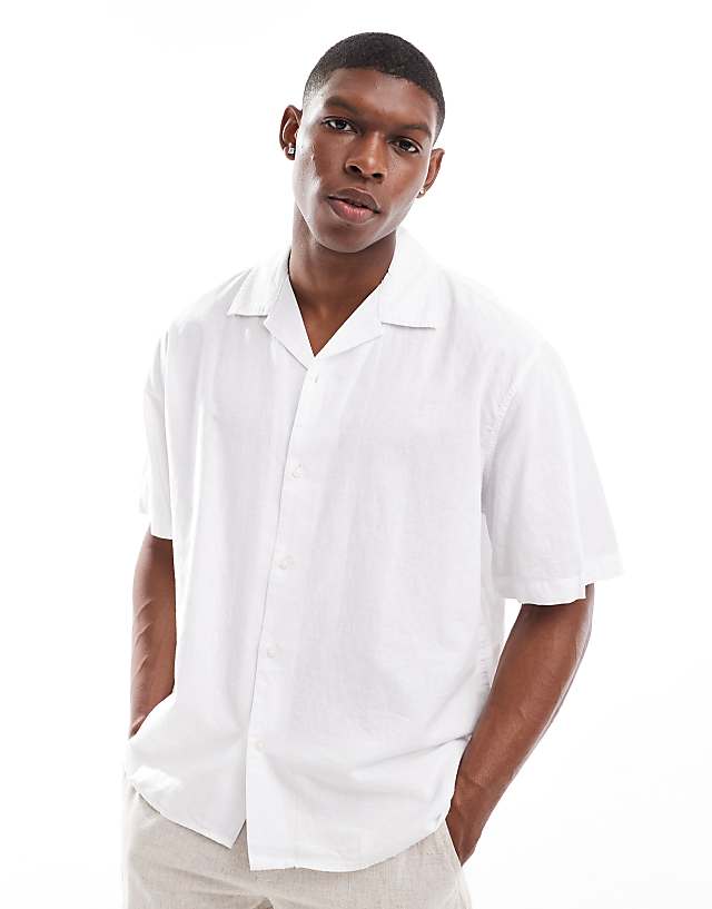 asos Selected Homme oversized linen mix revere collar shirt in white