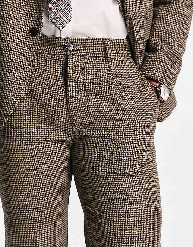 Asos Selected Homme Regular Fit Suit Trousers In Brown Houndstooth