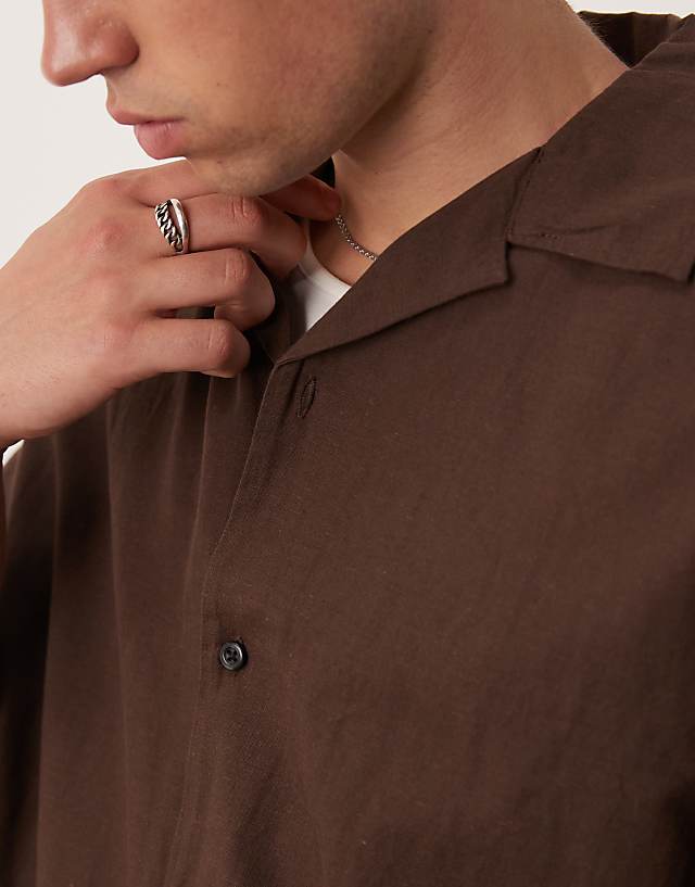Asos Selected Homme Revere Collar Linen Blend Shirt In Brown