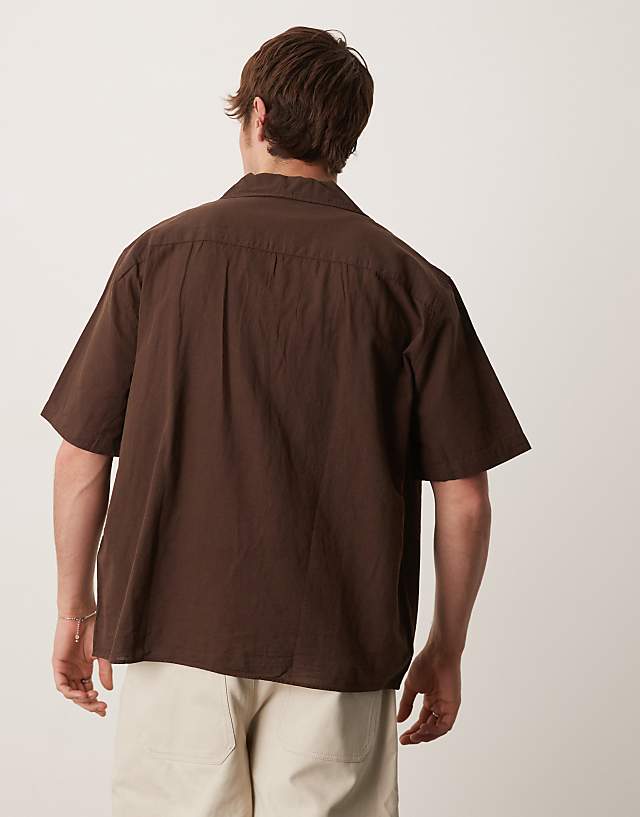 Asos Selected Homme Revere Collar Linen Blend Shirt In Brown