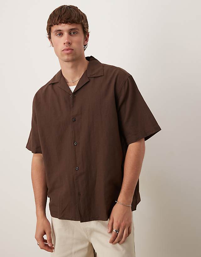 asos Selected Homme revere collar linen blend shirt in brown