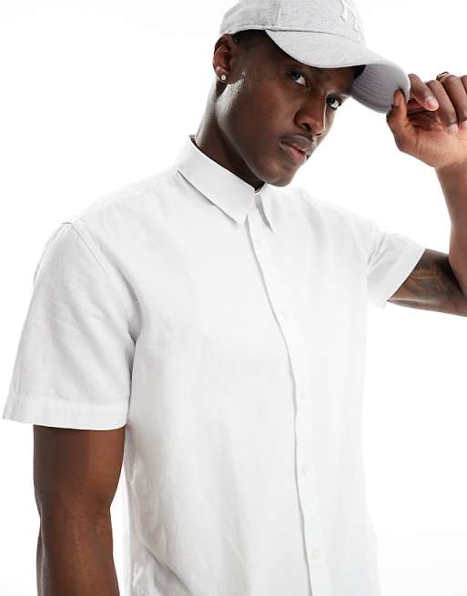 Asos Selected Homme Short Sleeve Linen Mix Shirt In White