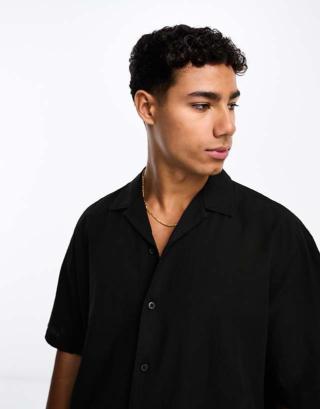 Asos Selected Homme Short Sleeve Revere Collar Linen Shirt In Black