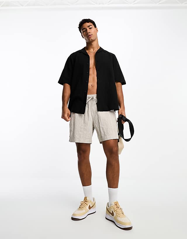 Asos Selected Homme Short Sleeve Revere Collar Linen Shirt In Black