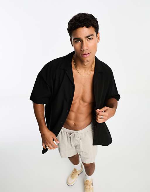 asos Selected Homme short sleeve revere collar linen shirt in black