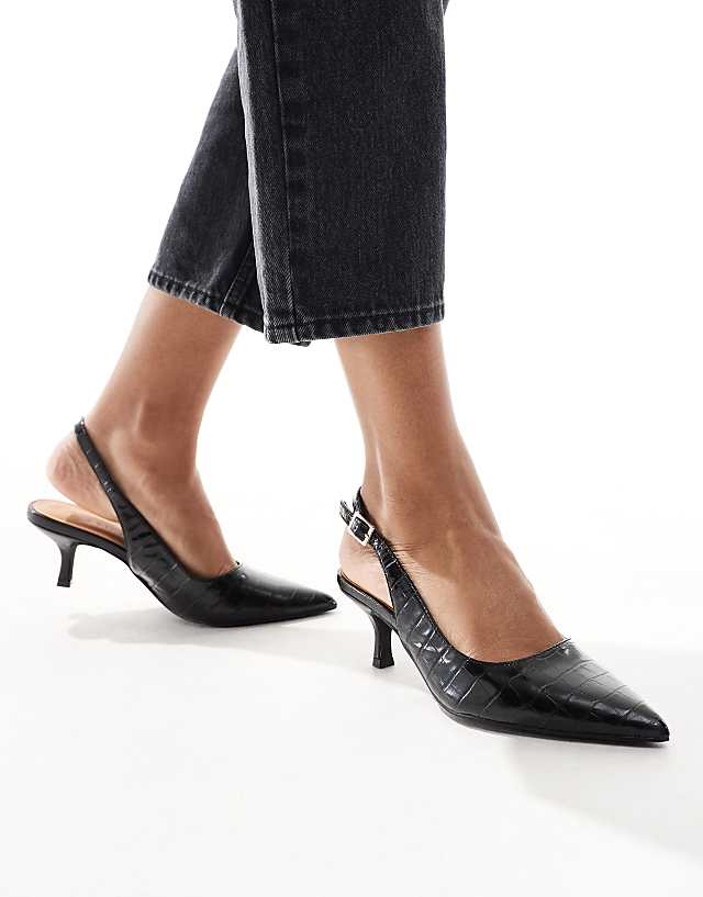 Asos SEQWL Pointed Sling Back Kitten Heeled Shoes In Black