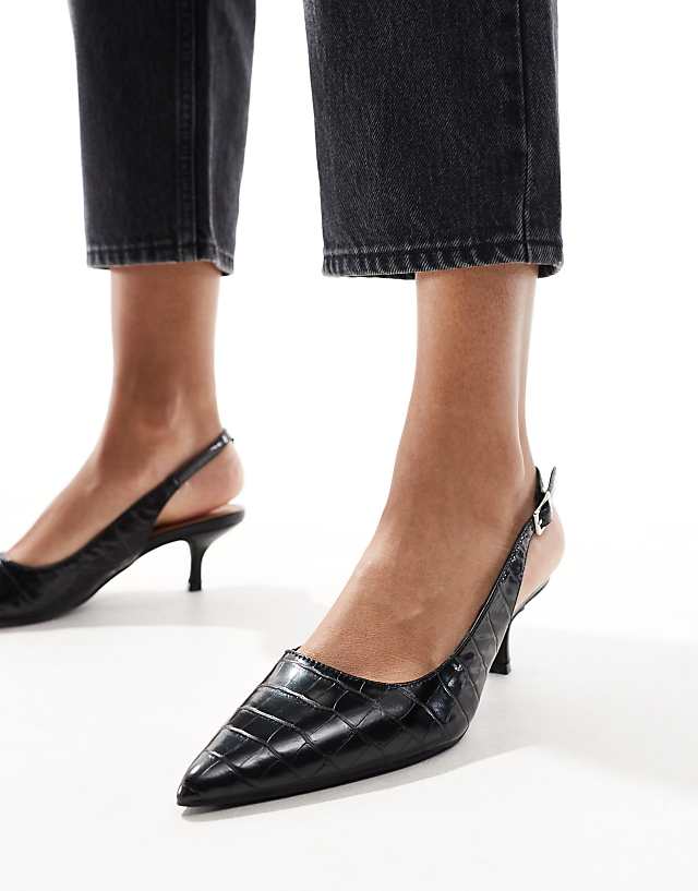 asos SEQWL pointed sling back kitten heeled shoes in black