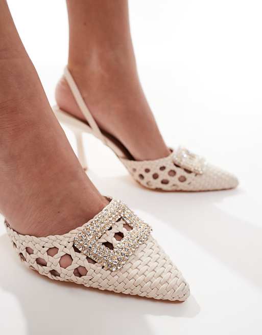 Asos SEQWL Salado Kitten Heel With Buckle Detail In Raffia Cream