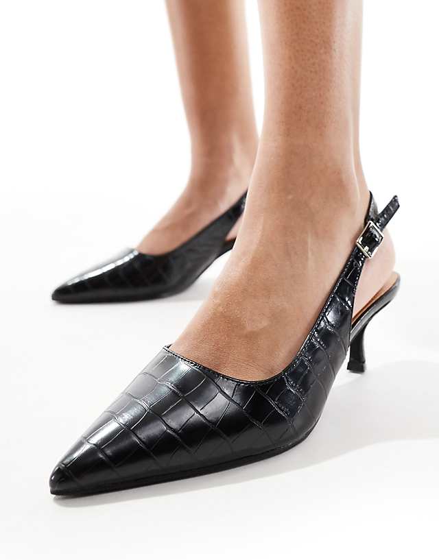 Asos SEQWL Wide Fit Pointed Sling Back Kitten Heeled Shoes In Black