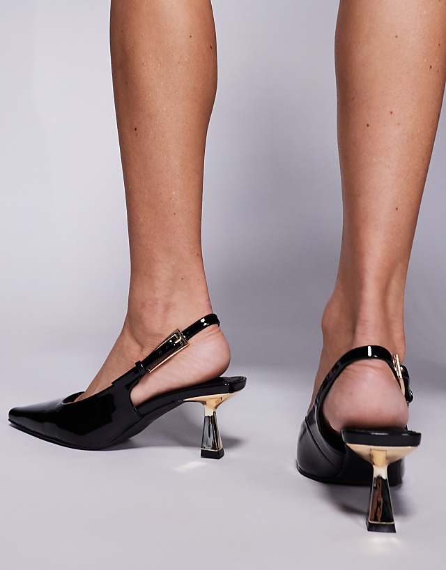 Asos Simmi London June Pointed Slingback Kitten Heels In Black Patent