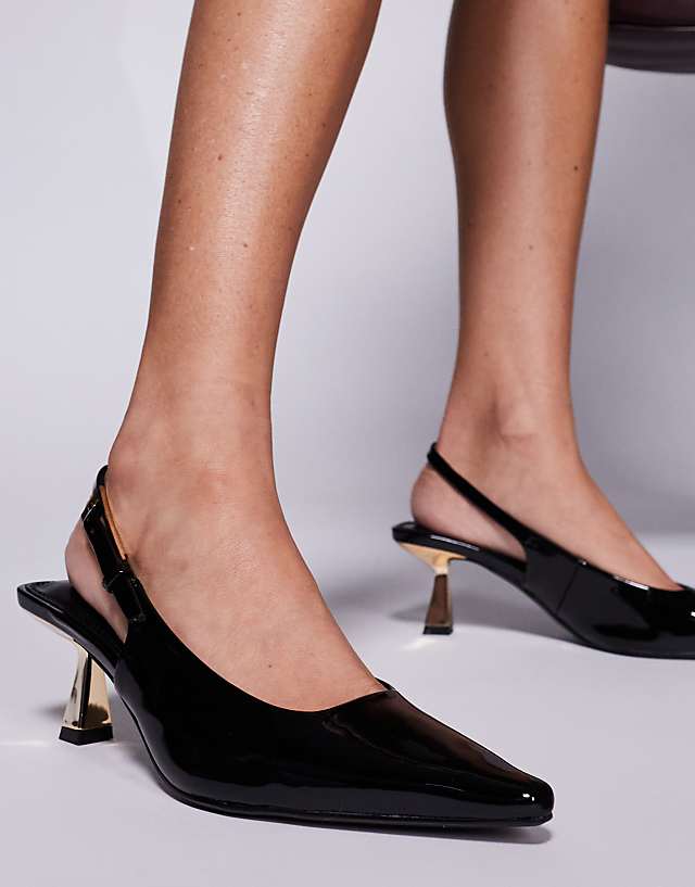 Asos Simmi London June Pointed Slingback Kitten Heels In Black Patent