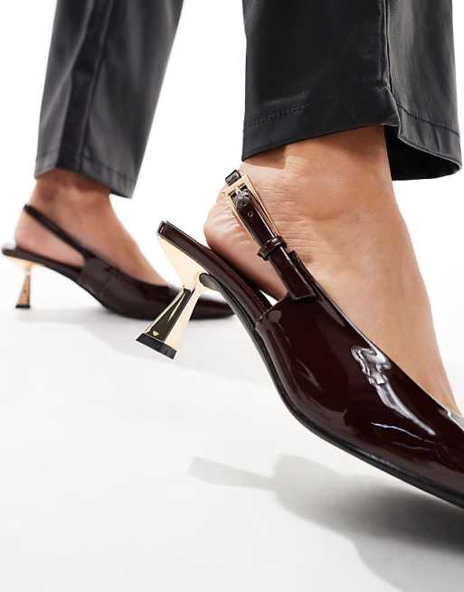 Asos Simmi London June Wide Fit Pointed Slingback Kitten Heels In Brown Patent