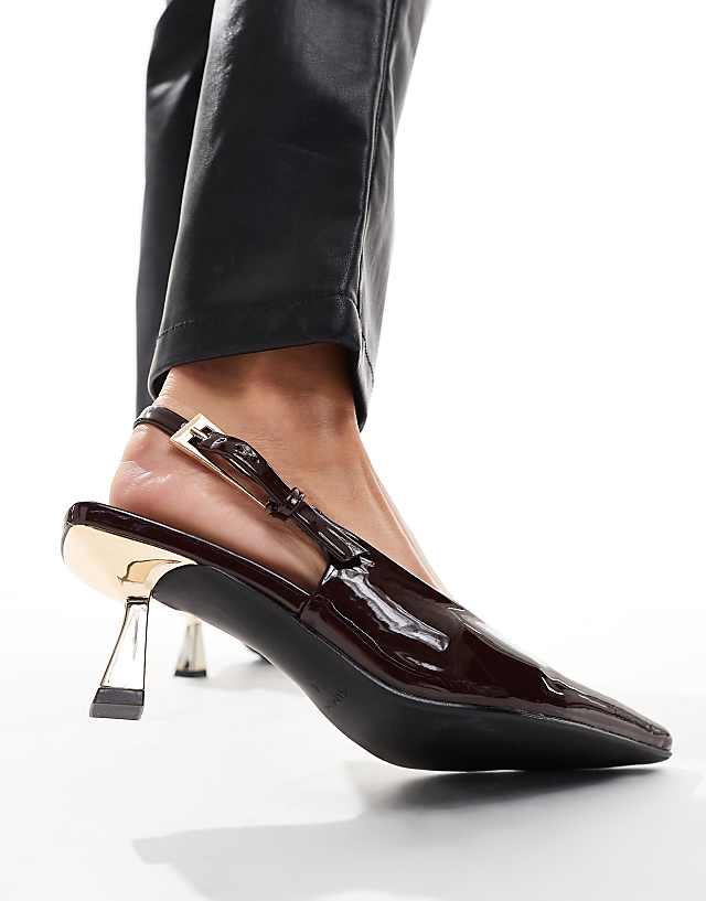 Asos Simmi London June Wide Fit Pointed Slingback Kitten Heels In Brown Patent