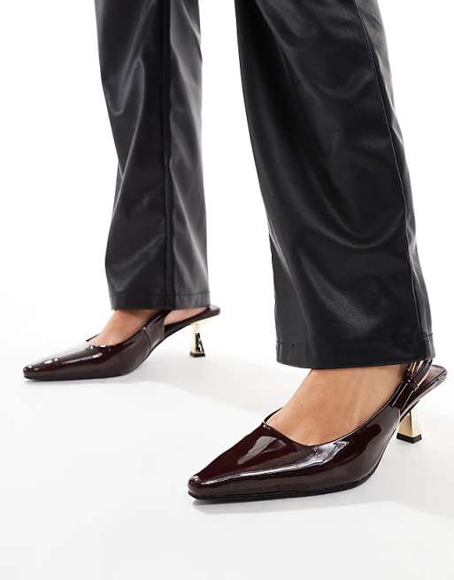 Asos Simmi London June Wide Fit Pointed Slingback Kitten Heels In Brown Patent