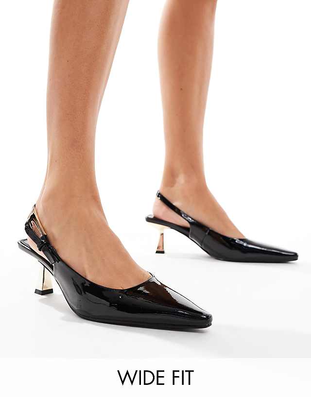 asos Simmi London June Wide Fit pointed slingback kitten heels in black patent