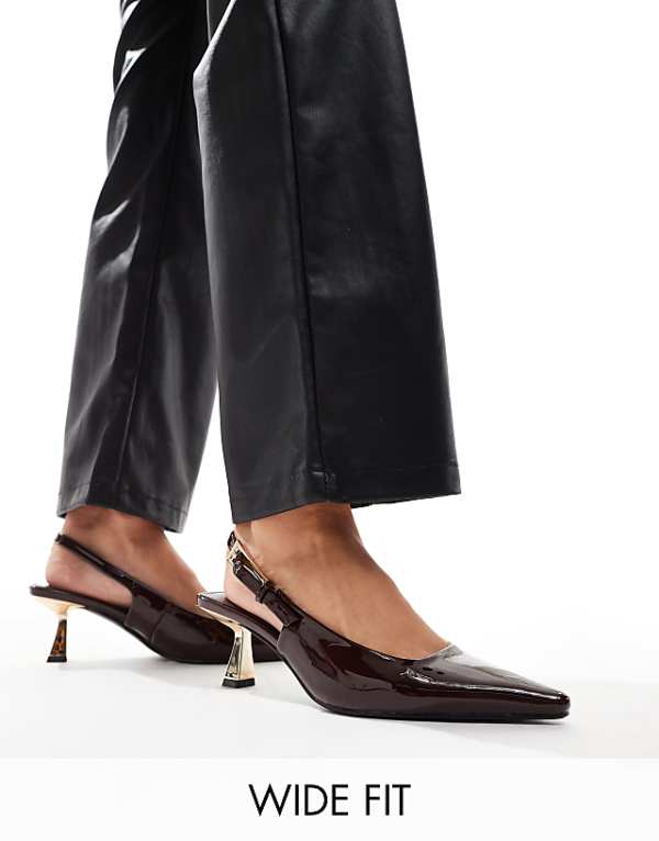 asos Simmi London June Wide Fit pointed slingback kitten heels in brown patent