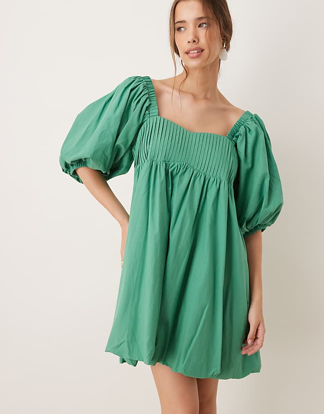 Asos Sister Jane Balloon Sleeve Babydoll Mini Dress In Green