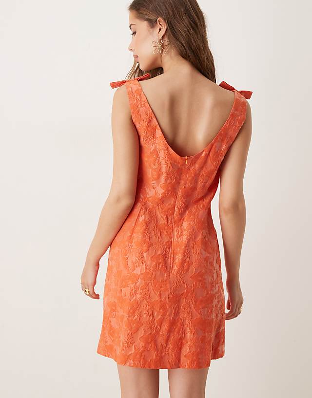 Asos Sister Jane Bow Shoulder Jacquard Mini Dress In Tangerine