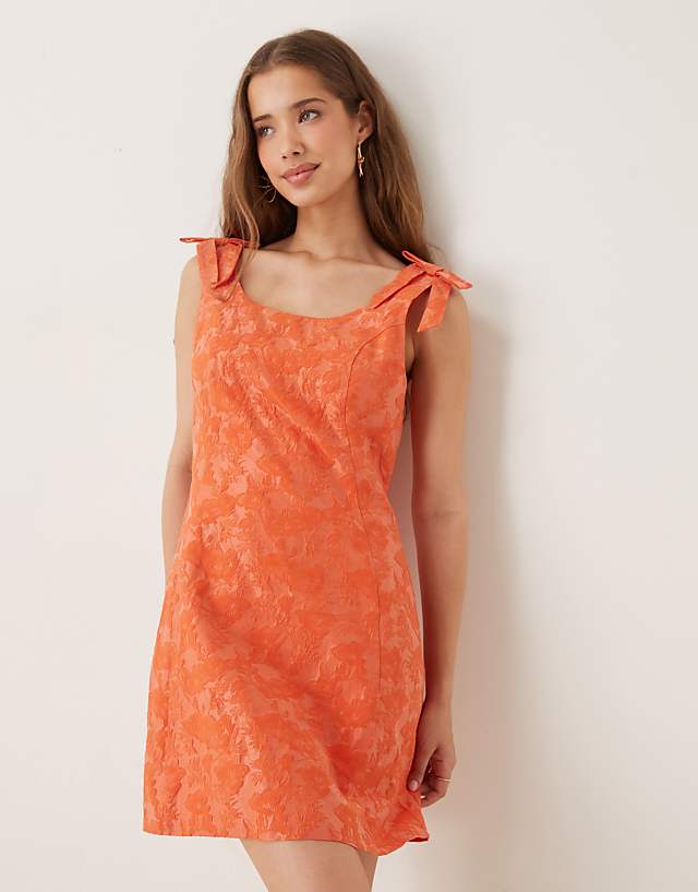 Asos Sister Jane Bow Shoulder Jacquard Mini Dress In Tangerine