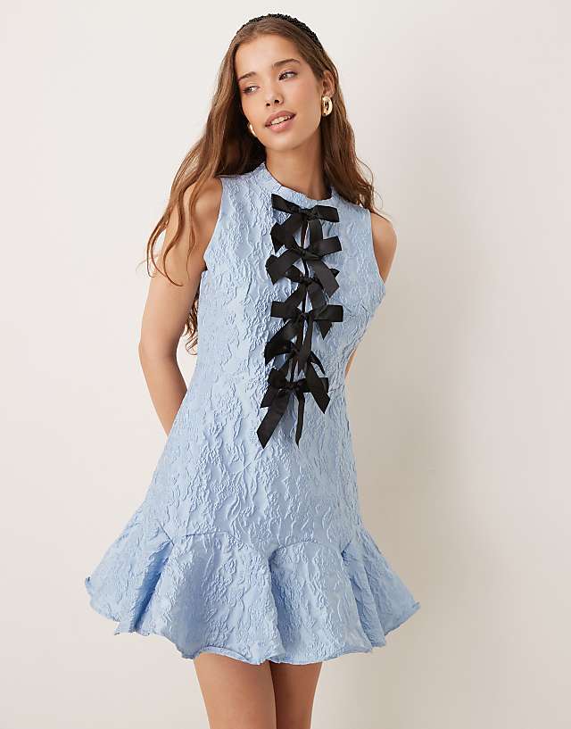 asos Sister Jane contrast bow ruffle hem mini dress in powder blue