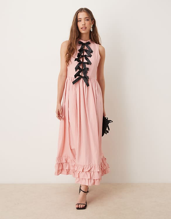 asos Sister Jane contrast bow ruffle midaxi dress in pink
