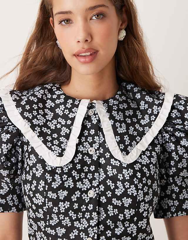 Asos Sister Jane Contrast Oversized Collar Mini Dress In Black Floral