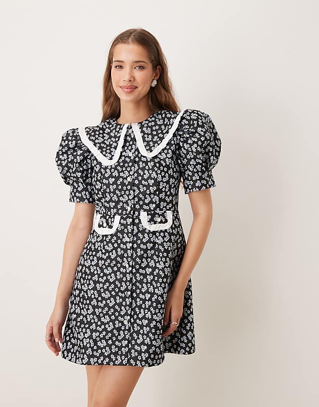 Asos Sister Jane Contrast Oversized Collar Mini Dress In Black Floral