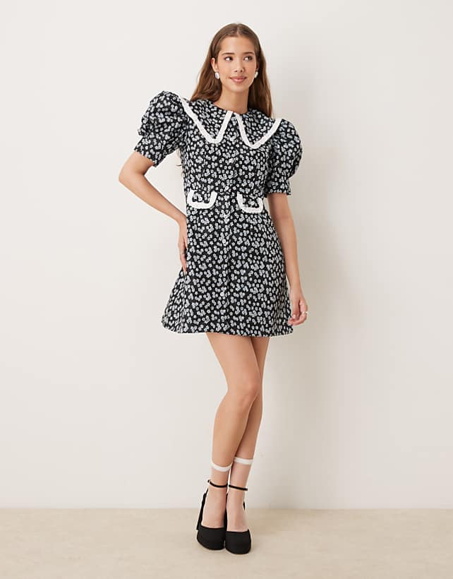 asos Sister Jane contrast oversized collar mini dress in black floral