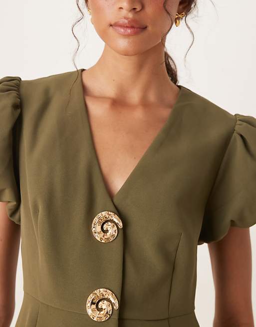 Asos Sister Jane Embellished Button Midi Dress In Deep Olive