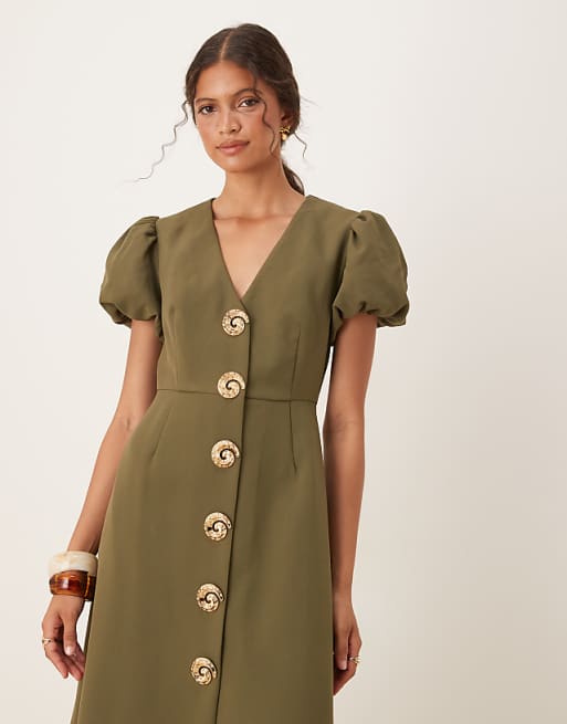 Asos Sister Jane Embellished Button Midi Dress In Deep Olive