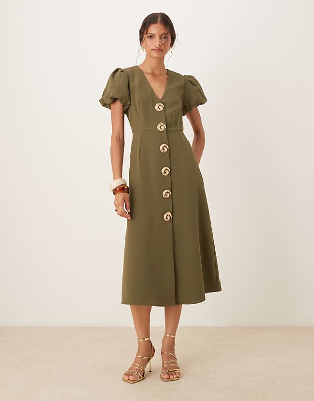 asos Sister Jane embellished button midi dress in deep olive