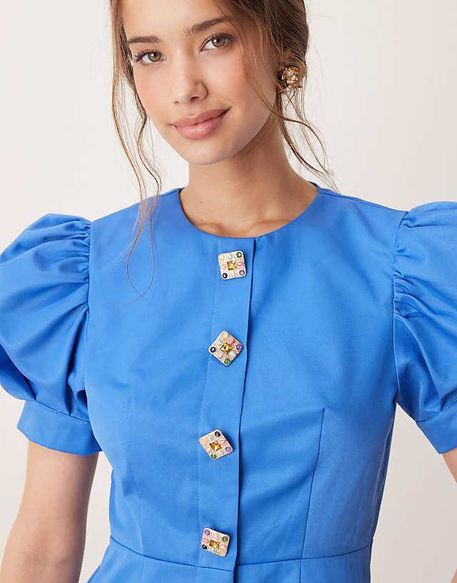 Asos Sister Jane Embellished Puff Sleeve Mini Dress In Blue