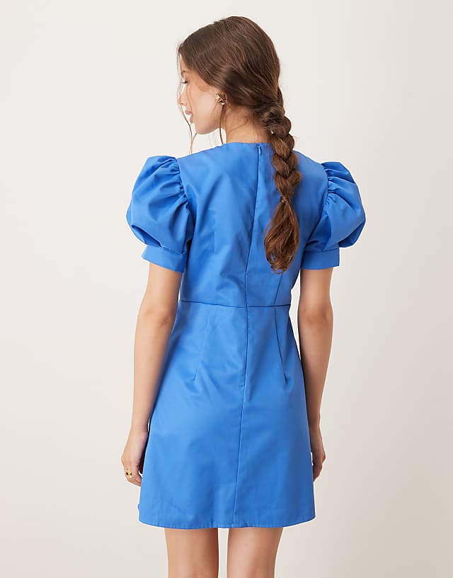 Asos Sister Jane Embellished Puff Sleeve Mini Dress In Blue