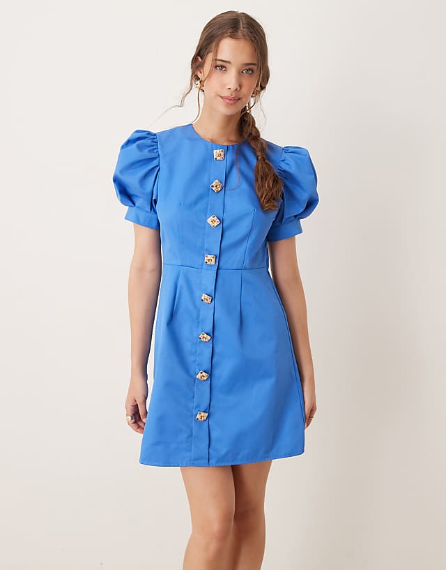 Asos Sister Jane Embellished Puff Sleeve Mini Dress In Blue