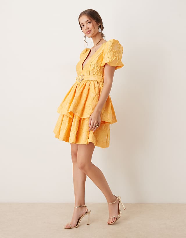 Asos Sister Jane Heart Belt Jacquard Mini Dress In Ochre