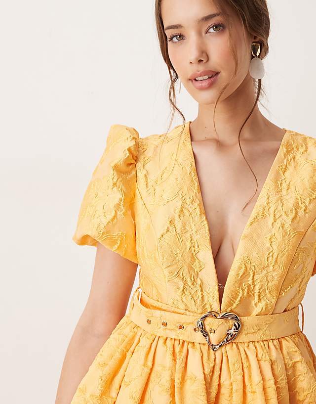 Asos Sister Jane Heart Belt Jacquard Mini Dress In Ochre