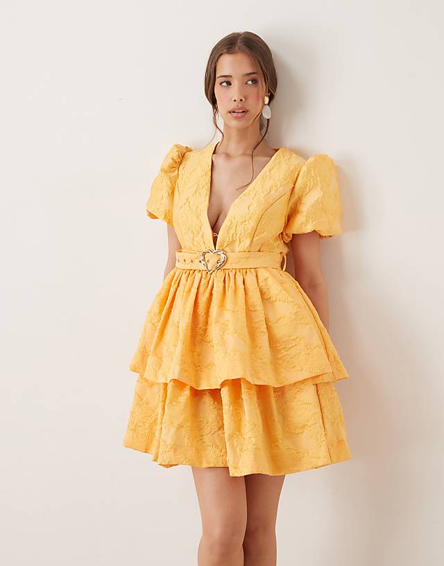 asos Sister Jane heart belt jacquard mini dress in ochre