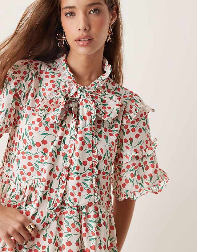 Asos Sister Jane Oversized Bow Mini Dress In Cherries Print
