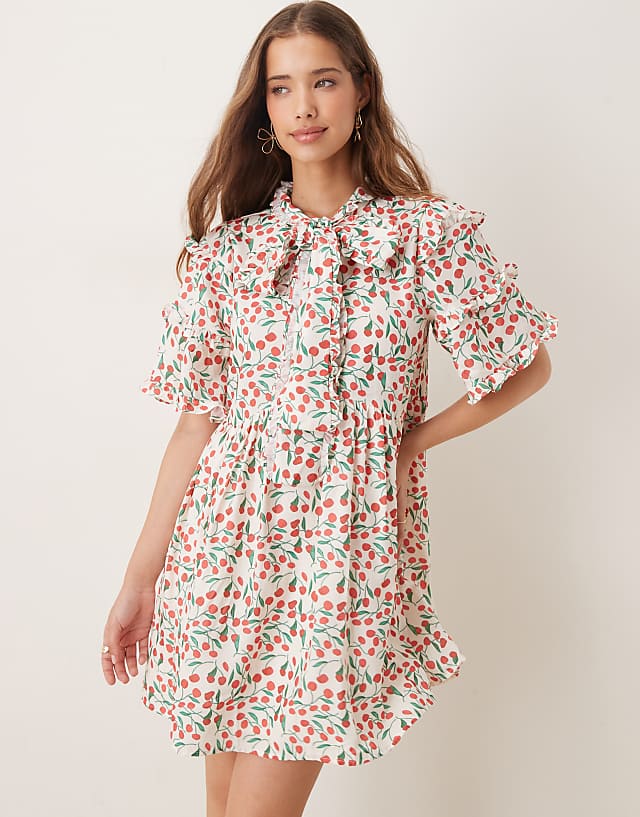 Asos Sister Jane Oversized Bow Mini Dress In Cherries Print