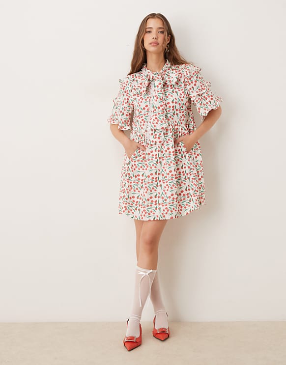 asos Sister Jane oversized bow mini dress in cherries print