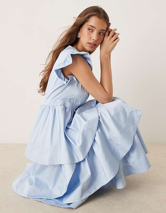 Asos Sister Jane Plunge Tiered Midaxi Dress In Powder Blue